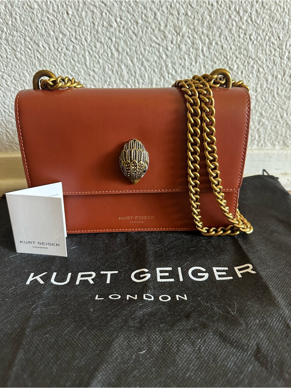 New Kurt Geiger Cognac Leather Shoulder Bag with Gold Chain